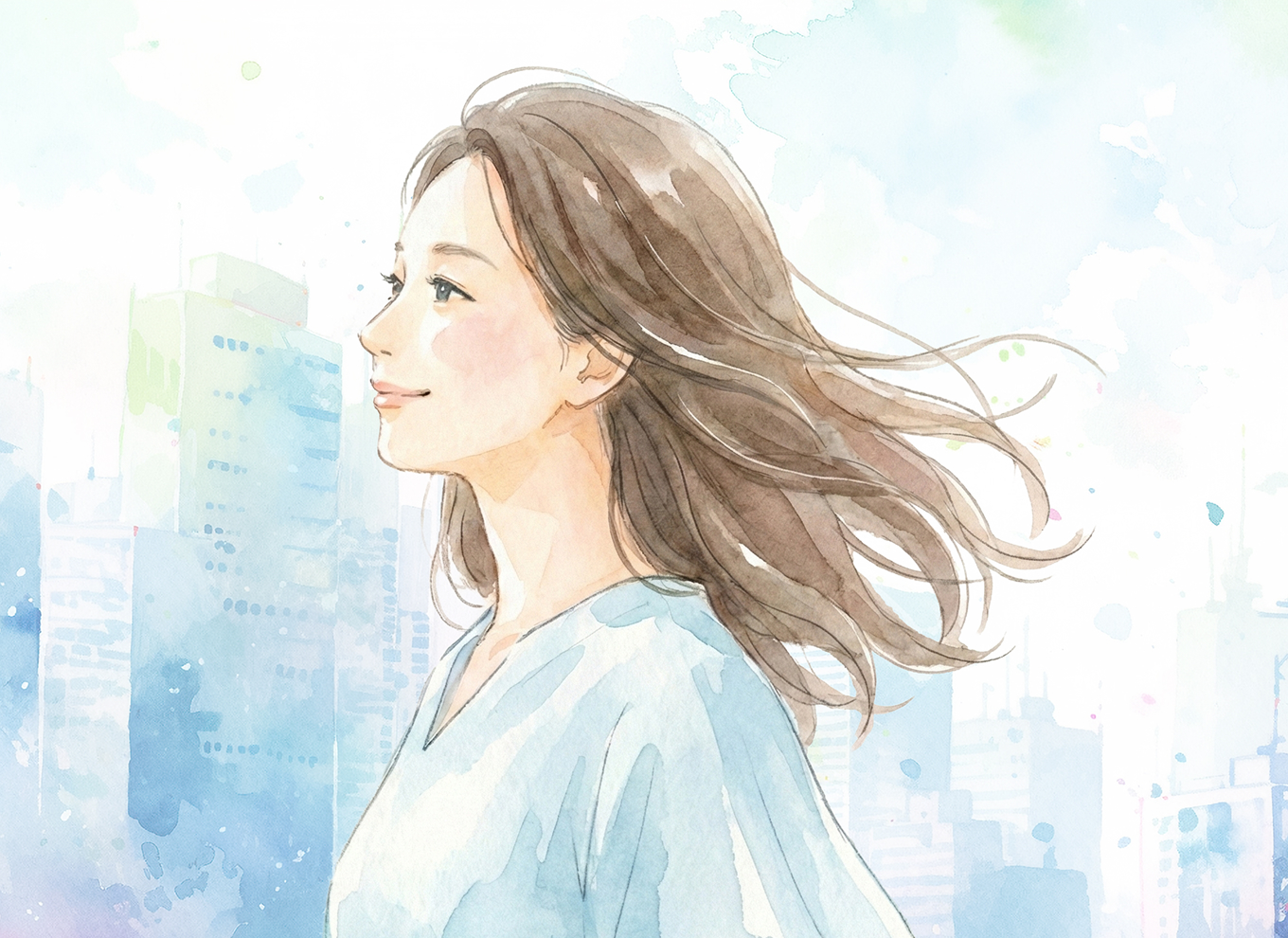 風になびく髪で穏やかに微笑む女性の水彩イラスト。都会の空を背景に